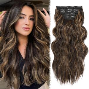 Synthetic Clip in Hair Extensions 20 Inch 5Pcs Dark Brown Mix Caramel Blonde Long Hair Extensions Clip Ins Soft Thick Synthetic Wavy Hair Piece for Women