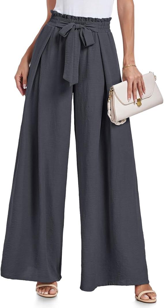 Lepunuo Wide Leg Pants for Women High Waisted Palazzo Pants Work Casual Flowy Tie Knot Trousers with Pockets , Size L