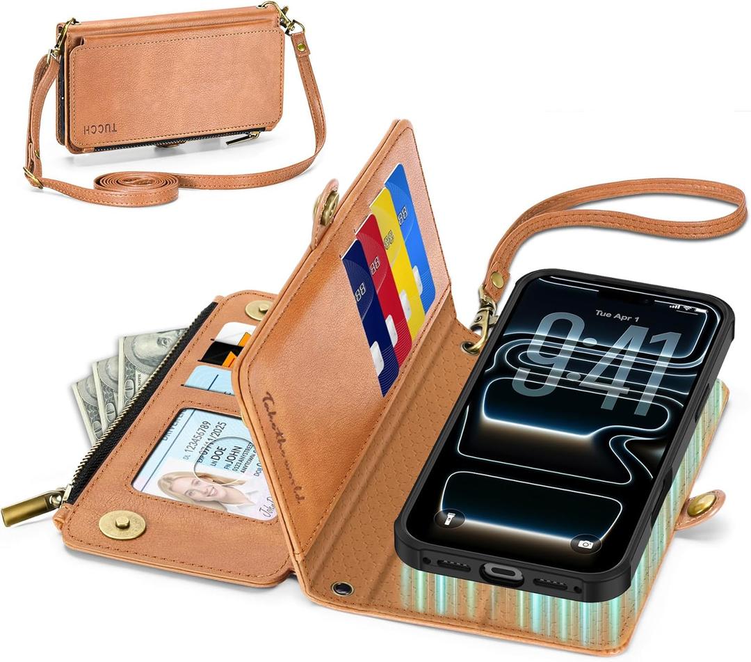 TUCCH Removable Crossbody Case Wallet for iPhone 17 Pro Max 6.9" 2025, Wireless Charging, RFID Blocking 10 Card Slots, Lanyard Wrist Strap, Zipper Pocket, PU Leather, Stand Magnetic Cover, Light Brown