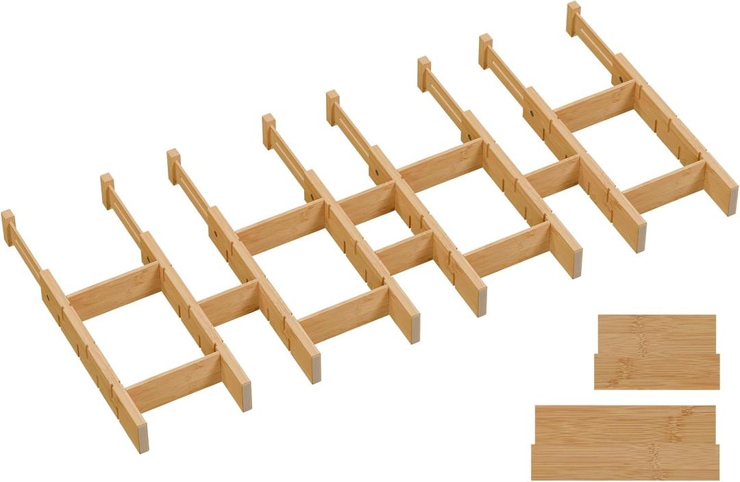 Bamboo Drawer Dividers, Expandable Kitchen Drawer Organizer, Include 8 Dividers, 8 Small Inserts and 8 Medium Inserts for Home, Office, Dressers