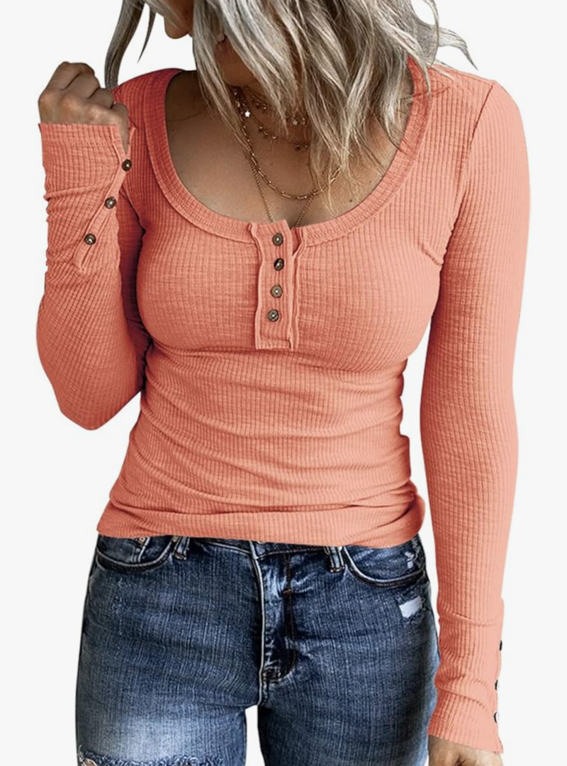 KINLONSAIR Women’s Long Sleeve Henley T Shirts Button Down Slim Fit Tops Scoop Neck Ribbed Knit Shirts (S, Orange)