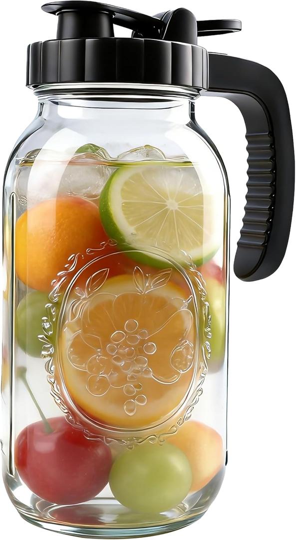Glass Mason Jars Pitcher With Spout Lids 2 Quart Airtight Breastmilk Pitcher For Fridge Half Gallon Wide Mouth Water Jugs 64 Oz With Top Flip Cap for Cold Coffee, Ice Sun Tea,Lemonade Leakproof (Black)