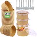 25 Pack 25oz Disposable Kraft Paper Bowls with Lids and Forks, Meal Prep Containers Disposable Soup Serving Bowls Take Out Containers for Party, Microwave Safe for Hot/Cold Food (Round)