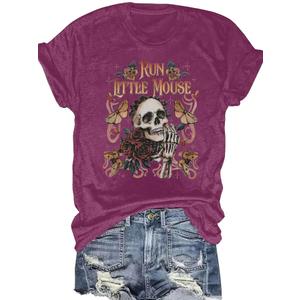Women Cute Rose Butterfly Graphic Tees Halloween Skeleton Shirt Summer Funny Loose Fit Casual Vacation Short Sleeve Tops(Purple2-L)