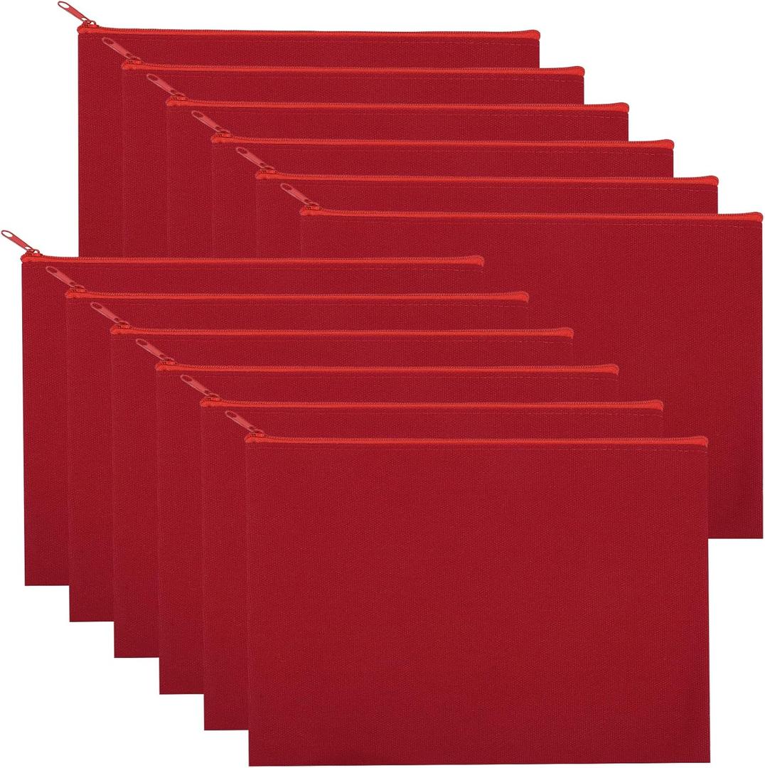 12 Pieces Cotton Canvas Makeup Bag, Multipurpose Cosmetic Bag with Zipper Travel Toiletry Pouch, Blank DIY Craft Bag (Red, XL)