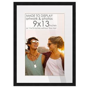 9x13 Black Wood Frame with White Mat | 11x15 Matted to 9x13 | UV Acrylic Shatter Guard, Foam Board Backing, Wall Hanging Hardware - Solid Pine
