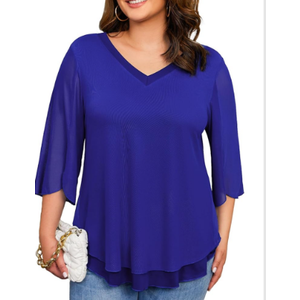 Plus Size Blouses for Women Ruffle 3/4 Sleeve Tops V Neck Casual Elegant Women's Tunic Top Mesh Loose Shirts XL