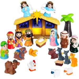 Nativity Set with Lights, 25 PCS Kids Nativity Playset Small Nativity Sets & Figures for Pretend Play, Unbreakable Christmas Manger Scene for Kids, Children, Toddler, Xmas Decoration