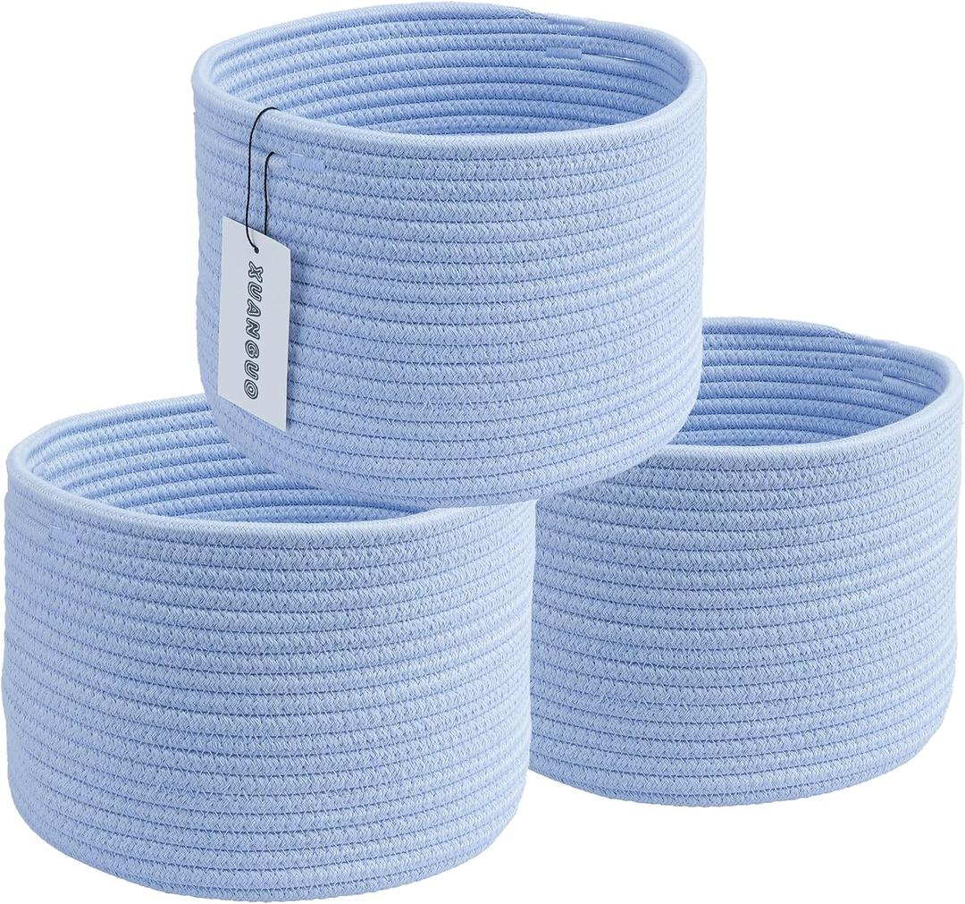 XUANGUO Woven Cotton Storage Baskets - 3-Pack Round Bins (10x10x7'') for Shelves, Closets & Bookcases | Durable Rope Organizers for Nursery, Baby, Toys, Easter & More (blue)
