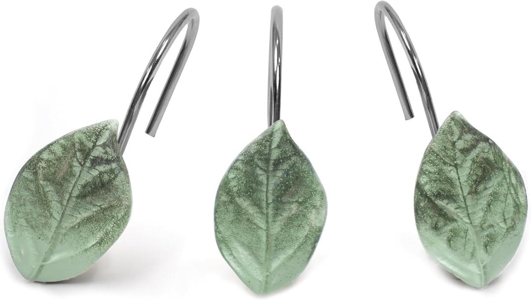 12PCS Leaves Shower Curtain Hooks, Decorative Shower Curtain Rings, Green Plant Leaf Shower Hooks Rustproof Stainless Steel, Bathroom Decor (Leaves)