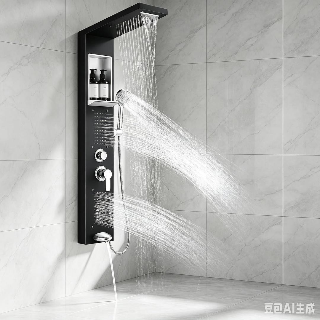 Shower Panel Tower System, Multi-Function Shower Tower System With 4 Body Spray, 5 Handheld Settings, Shelf & Tub Spout, Rainfall + Waterfall Shower Head, Rain Massage Spa System