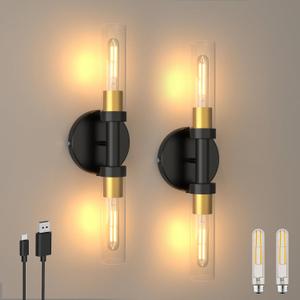 Rechargeable Battery Operated Wall Sconce Set of 2, Dimmable Wall Light with Touch Control, Wireless Bathroom Vanity Lights Over Mirror, Modern Wall Lamp for Living Room Hallway, Black Gold