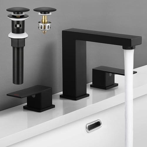 KES All Metal Black Bathroom Faucets with Pop Up Sink Drain with Overflow, 8 Inch Widespread Bathroom Faucet 3 Hole Vanity, SUS 304 Stainless Steel Matte Black, L4350LFF12-BK-C1
