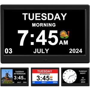 Alarm Clock with Day and Date for Elderly Digital Calendar Clock Photo Frame- Auto Dimmable Display 15 Alarm Options, Clock with Non-Abbreviated Day & Month (10.1 inch Black)