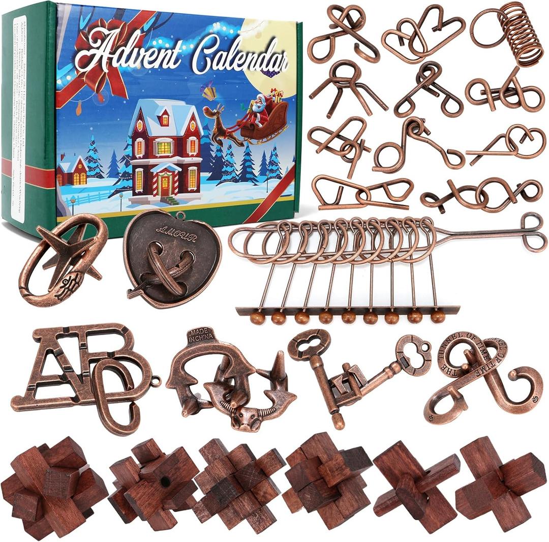 Advent Calendar 2025, Christmas Countdown Calendar Gift Box with 24 Brain Teaser Puzzles, 24 Days Metal & Wood Brain Teaser Puzzles Xmas Countdown Calendar Challenge for Adults Teens Boys Girls (red)