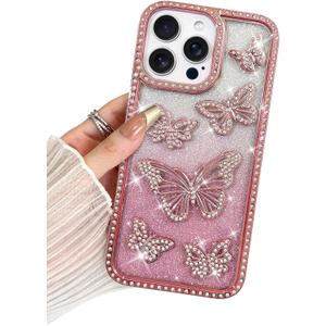 BITOBE Designed for iPhone 16 Pro Max, Cute 3D Butterfly Case Slim Plating Glitter Bling Luxury Rhinestones Cover for Women Girls Protective Camera Protection Bumper 6.9" Pink