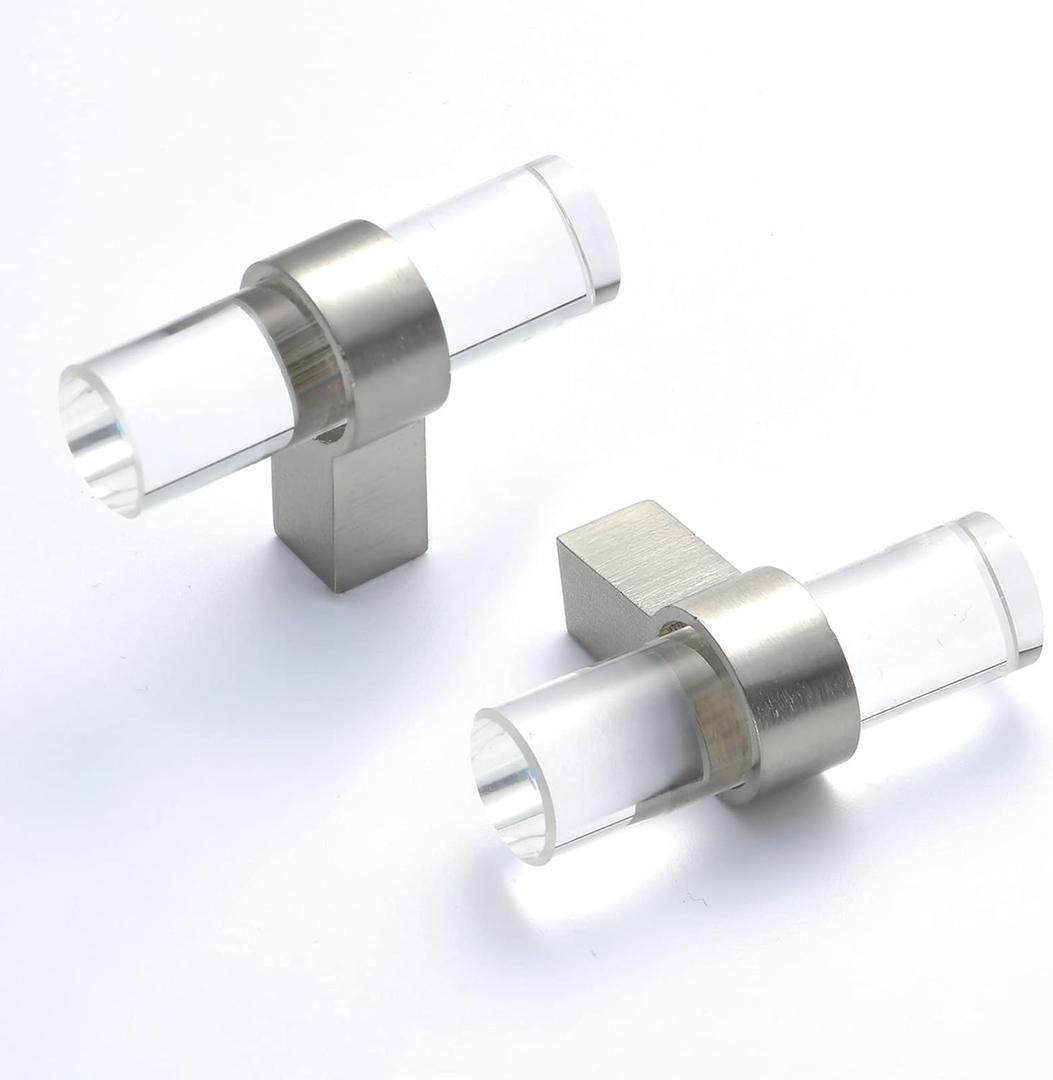 10 Pack Brushed Nickel Cabinet Knobs Clear Glass Crystal Drawer Knobs Kitchen Cabinet Pulls and Knobs for Dresser Drawers T-Bar