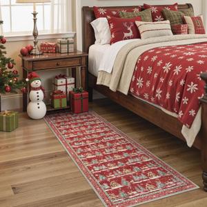 LEEVAN Christmas Runner Rug 2x6 Red Rugs for Hallway, Washable Entryway Rugs Runner, Non Slip Kitchen Rug, Xmas Elk Stain Resistant Bathroom Bedside Carpets for Holiday Decor