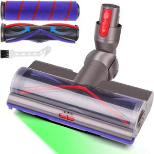 Laymi 2 Brushes Vacuum Head Replacement for Dyson V7 V8 V10 V11 V15 Vacuum Parts, Motor-Head Bristle Roller & Extra Soft Roller with Green Headlights for Thin Carpets, Hardwood Floor Attachments