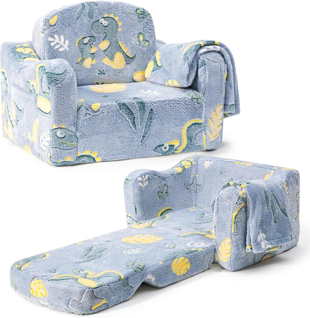 Comfy Toddler Chair and Couch for Kids with Blanket,2-in-1 Soft Plush Fold Out Toddler Couch for Girls and Boys,Convertible Sofa to Lounger for Playroom, Dinosaur (Light Gray)