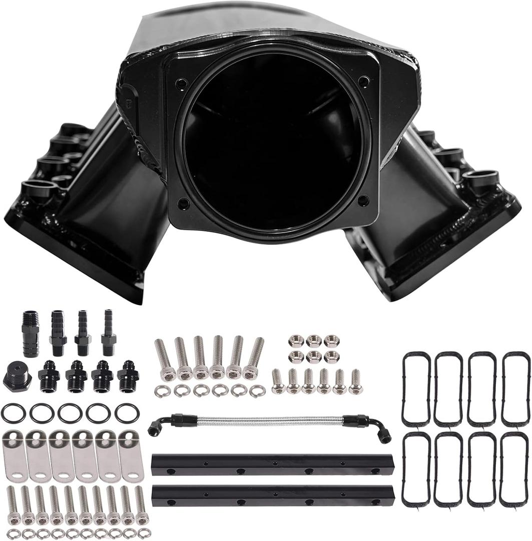 For LS Intake Manifold Low Profile Cathedral Port 102mm Compatible with Chevy GMC Pontiac LS1 LS2 LS6 Sheet Metal Fabricated EFI (Black)
