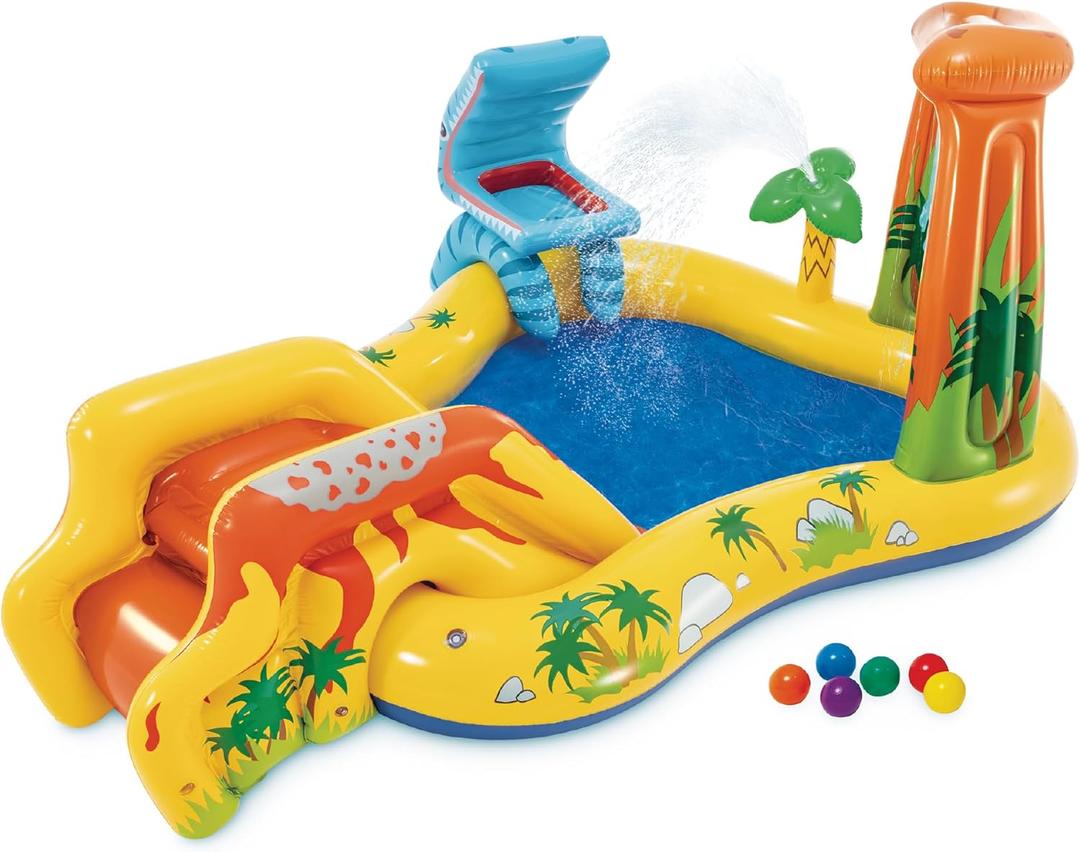 Intex Inflatable Dinosaur Play Center Outdoor Playhouse Inflatable Water Park with Kid Pool Slide, Water Sprayer, Waterfall, and 6 Balls, Multicolor