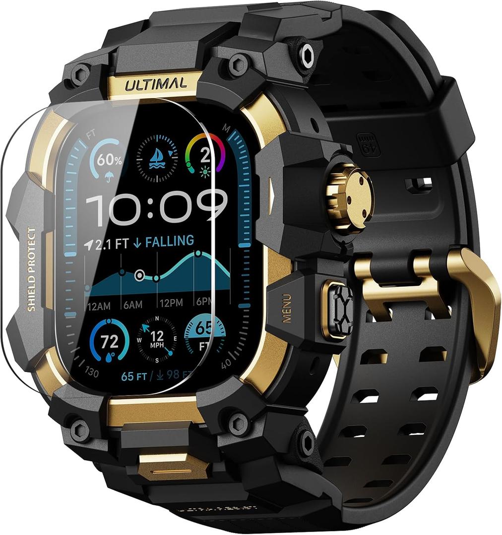 ULTIMAL Rugged Case with Band for Apple Watch 49mm,Compatible with Apple Watch Ultra/Ultra 2, Military Grade Shockproof Bumper Cover for iWatch Tactical Band Men (49mm,Gold)