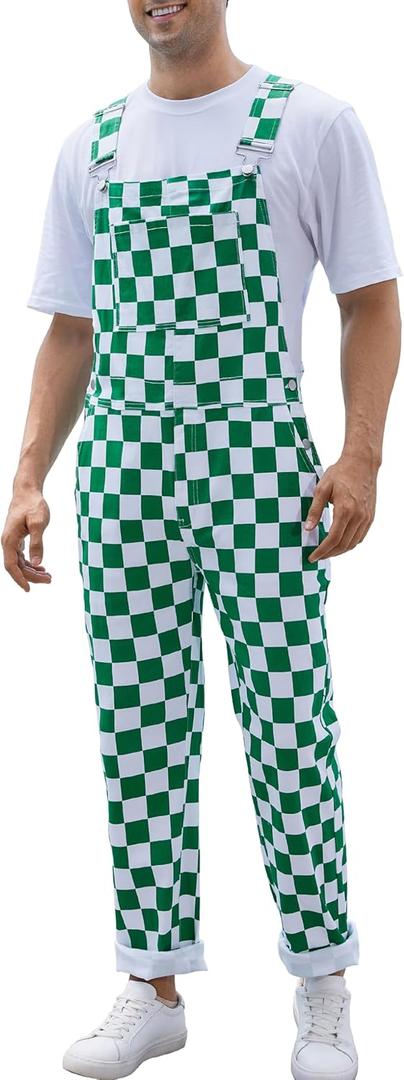 Odefou Checkered Pants Mens Overalls Bib Coveralls Cute Stretch Jeans Jumpsuit (Large)
