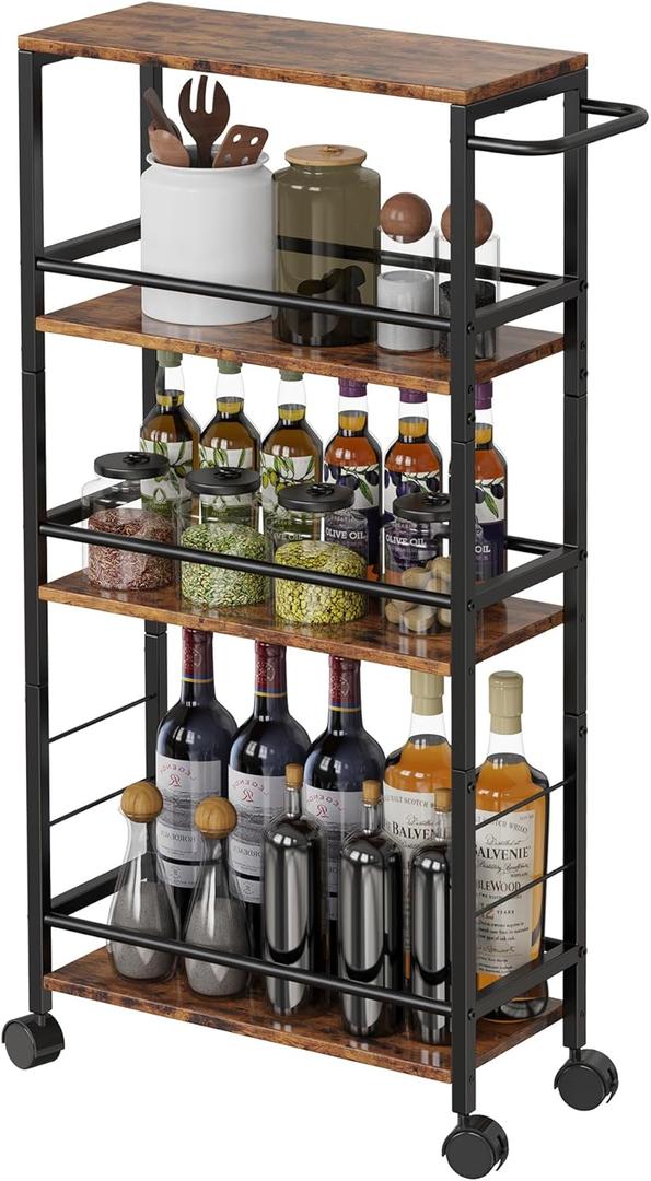 Slim Rolling Cart, 4-Tier Kitchen Storage Rolling Cart, Narrow Cart with Handle, Mobile Utility Cart for Small Space, Shelving Unit for Kitchen, Dining Room, Living Room, Home Office, Laundry Room