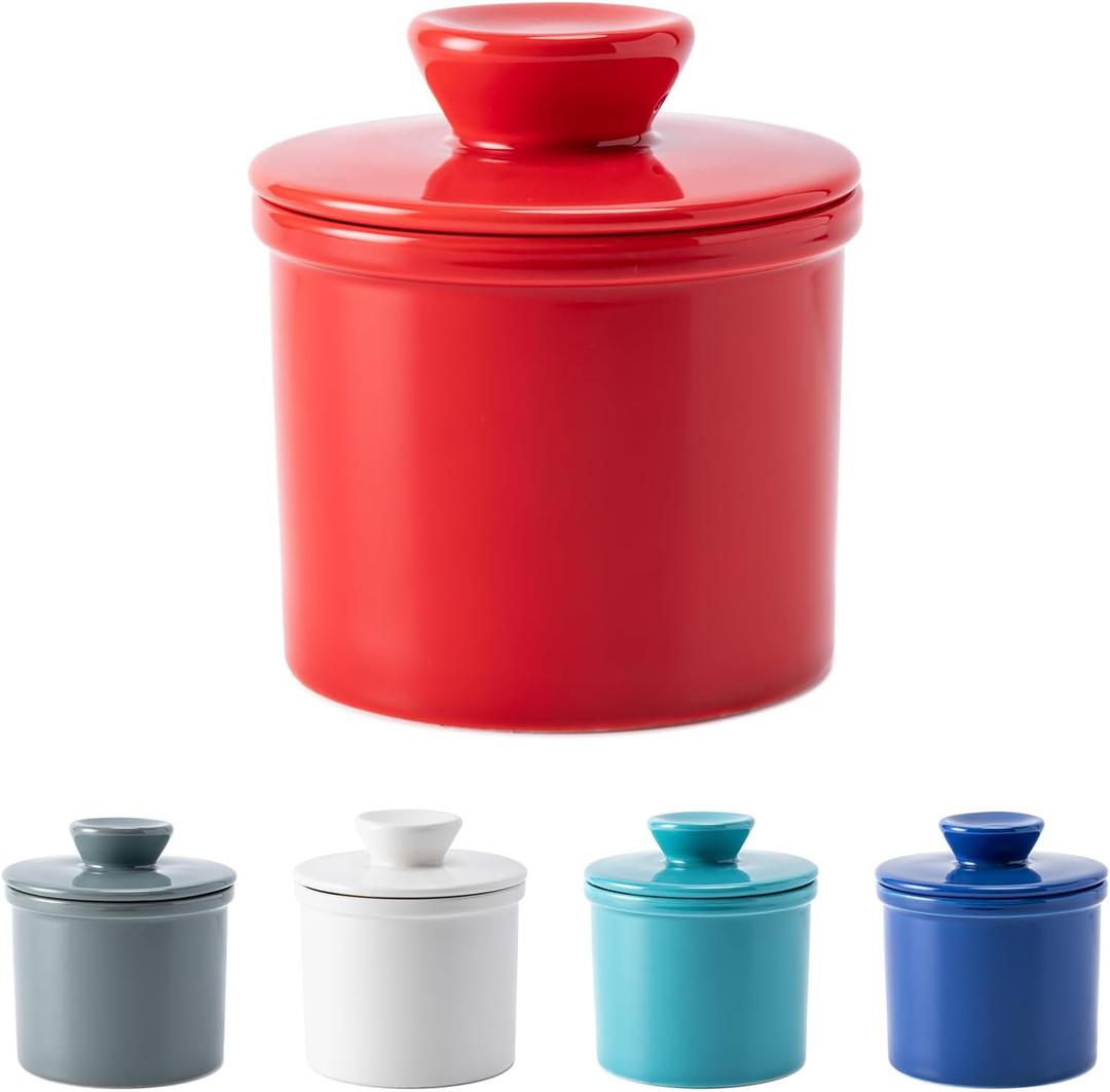 Butter Crock with Water Line for Countertop, French Butter Dish with Lid, Ceramic Butter Keeper for Fresh Spreadable Butter, Butter Container Holder for Kitchen and Home Decor, Red