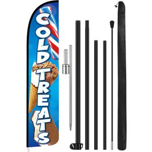 15 ft Cold Treats Ice Cream Windless Feather Banner Flag Kit Cold Treats Advertising Feather Flag Banner Signs with Pole and Ground Stake for Store Business Outside
