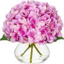 Hollyone Hydrangea Artificial Flowers with Glass Vase Purplish Pink Silk Faux Flowers Arrangements in Vase with Faux Water Fake Floral Bulk Bouquet for Home Decor Table Centerpiece Decorations