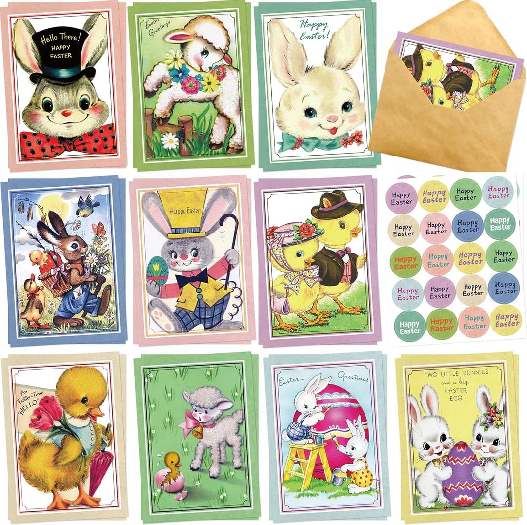 ceiba tree Vintage Easter Cards with Envelopes 20 Pack Retro Bunny Greeting Card Assorted Blank Notes Cards for Classroom Home Office Business