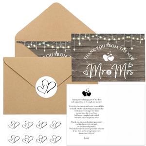Spakon 100 Sets Wedding Thank You Cards with Envelopes and Stickers Wedding Themed Kraft Paper Thank You Card with Message Mr and Mrs Thank You Notes for Bridal Shower Anniversary Guests (Rustic)