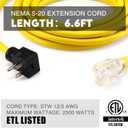 Kanayu 6.6FT NEMA 5-20 Extension Cord, 5-20P Male Plug to 5-20/5-15R Female Receptacle, 20 Amp T-Blade Outlet Extension Power Cord with Indicator Light, 12 AWG, ETL Listed