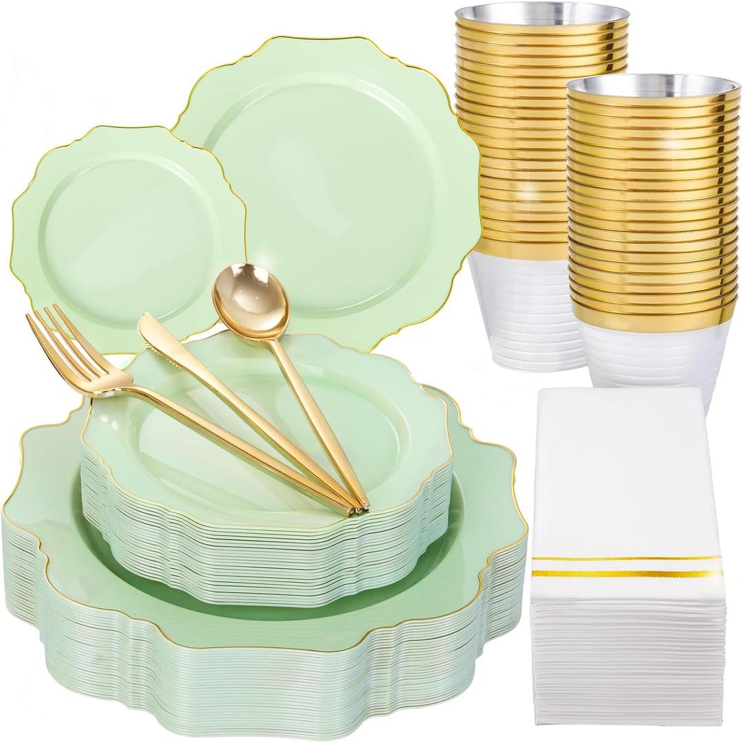 WDF 175Pcs Sage Green Plastic Plates With Gold Rim - Disposable Sage Green Plates 25guest Disposable Dinnerware Ideal for Party/Wedding/Spring Party/First Communion