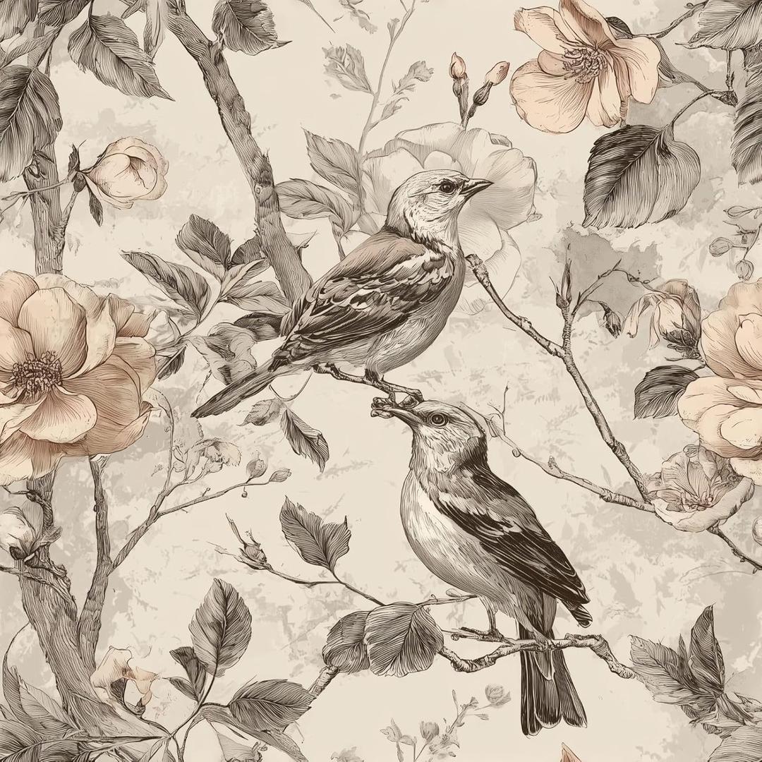 Vintage Animal Peel and Stick Contact Paper Beige Bird Removable Botanical Leaf Tree Wallpaper 17.7" x 236.22" Wall Paper Watercolor Self Adhesive for Classroom Bedroom Laundry Room Bathroom (Beige/Black/White)