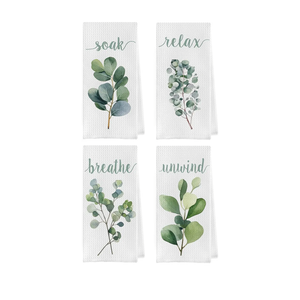 Geqtt Botanical Plant Dish Towels Set - Boho Eucalyptus Waffle Weave Kitchen Towels, Relax Soak Unwind Breathe Hand Towel Decorative for Bathroom, Gifts for Plant Lovers (16×24 Inches Set of 4)