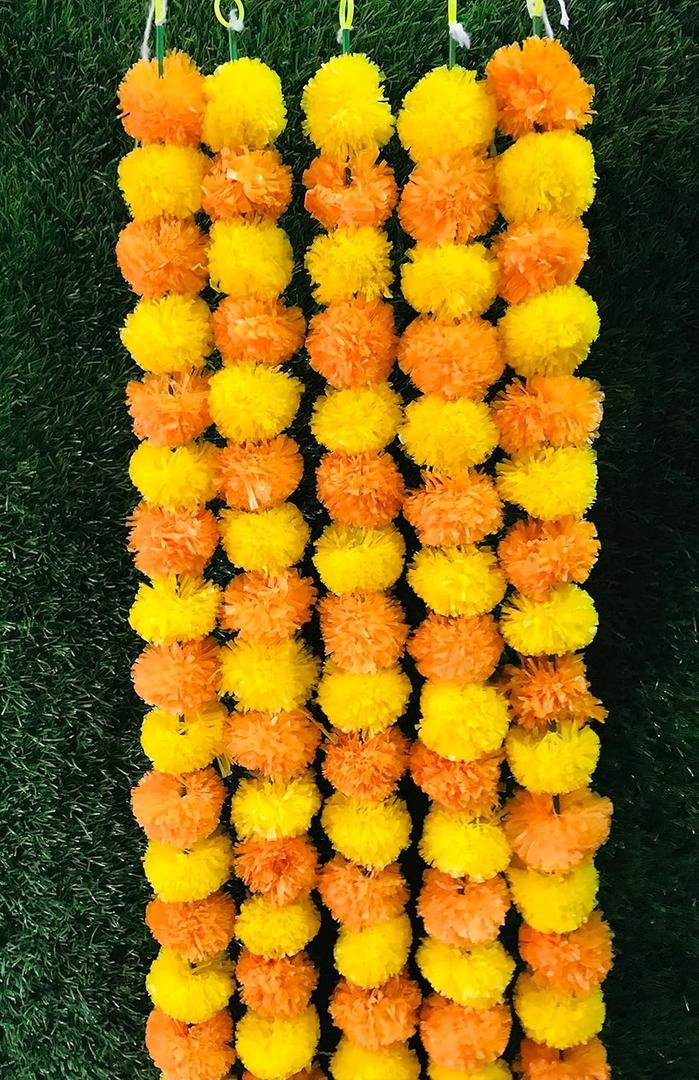 5 PC - 5 feet Artificial Marigold Garland Indian/American Wedding Party, Faux Garlands Wedding Garland, Diwali Decoration, Mantle Decoration, Diwali, Spring Bush Floral! (Orange & Yellow)