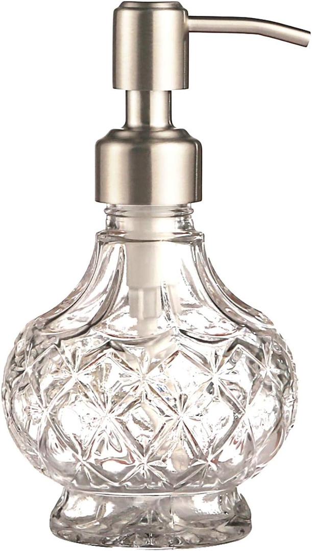 YunNasi Soap Dispenser with Stainless Steel Pump, Clear Crystal Design, Vintage and Elegant, Refillable Liquid Hand Soap Dish Soap Dispensers for Bathroom Counter, Kitchen Sink (Style 1)