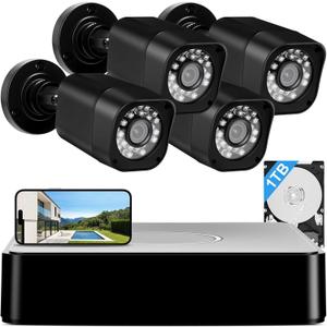 1080P Wired Security Camera System, AIWIXEN 8CH CCTV Surveillance DVR with 1TB Hard Drive, 4 x Home 5MP Wired Security Cameras Outdoor with Human Vehicle Detection, IP68 Waterproof, Remote Access