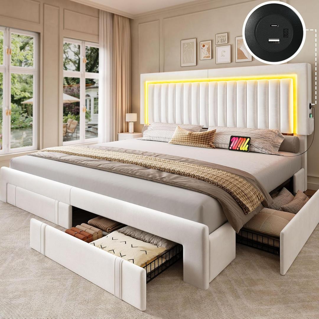 YITAHOME King Size Bed Frame with Velvet Vertical Tufted Upholstered Adjustable Headboard, 4 Storage Drawers, RGB LED Lights and USB Ports, No Box Spring Needed, Fast Assembly, Noise-Free, White