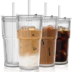 TUZAZO 20 Oz Ribbed Glass Tumblers with Lids and Straws - 4 Pack Reusable Glass Coffee Cups with Straws and Lids, Thicken Glass, Ideal for To Go Iced Coffee