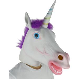 LarpGears Deluxe Novelty Halloween Costume Latex White Unicorn Animal Mask Purple Hair Adult Size