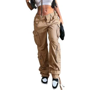 Viatabuna Women's High Rise Straight Leg Y2K Streetwear Cargo Pants Baggy Boyfriend Pants with Pocket (Medium, Khaki)