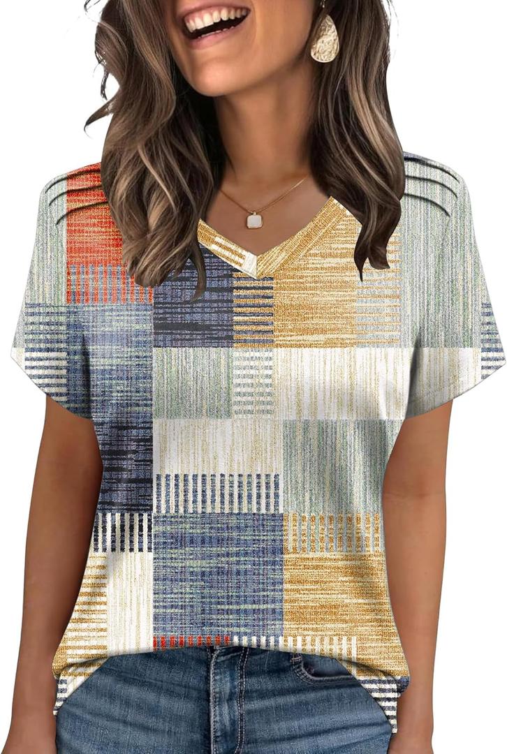 AKEWEI Womens Summer Tops V Neck T Shirts Pleated Clothes Spring Fashion Blouses (Medium, Colorful Plaid)