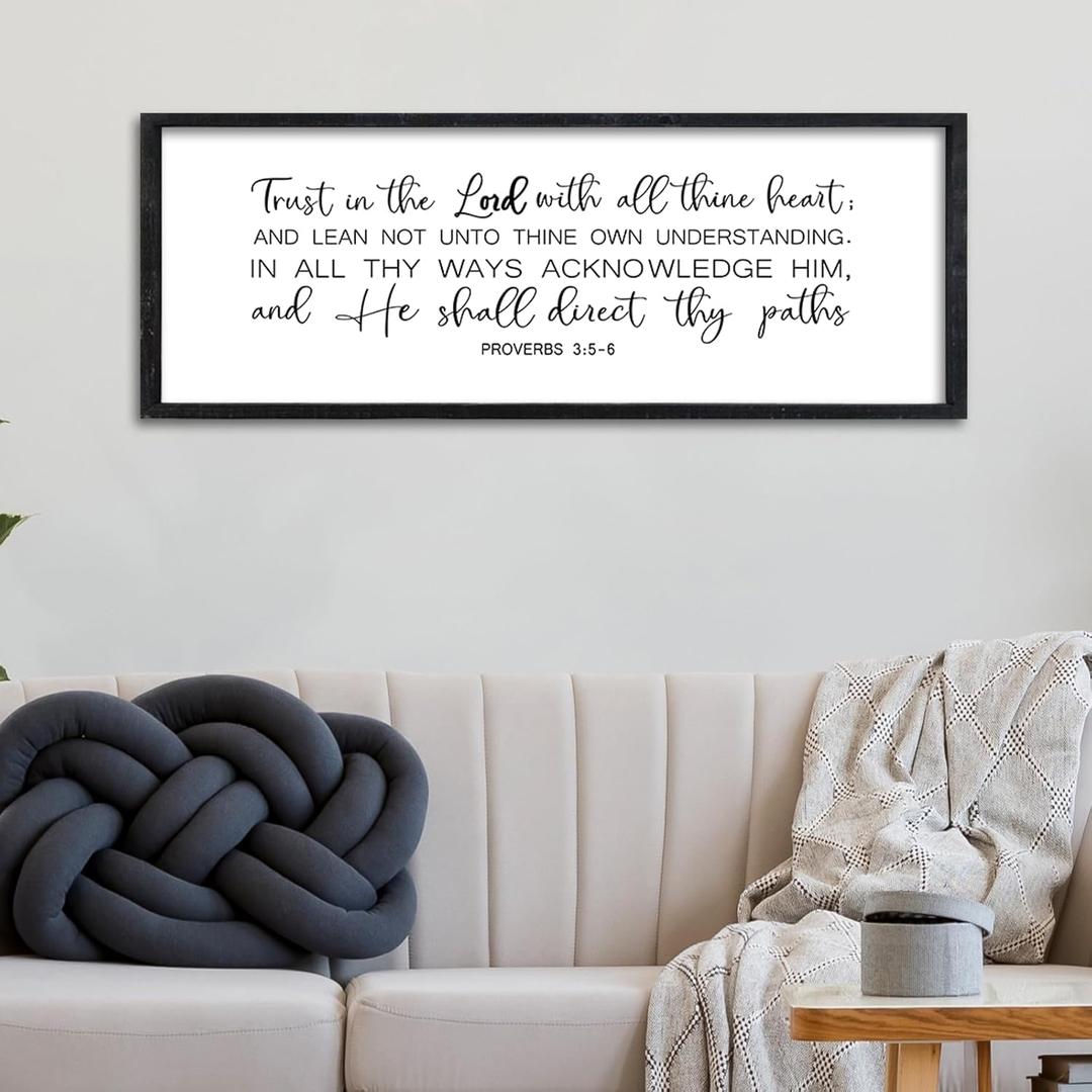 Surfapans Proverbs 3 5-6 Bible Verse Wall Decor, 32"x12" Rustic Christian Scripture Trust in the Lord With All Thine Heart Sign, Large Religious Prayer Holy Motivational Framed Catholic Hanging Art (Black)