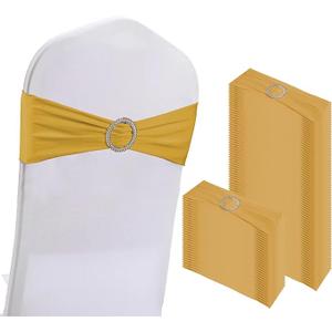WJWHQ 100PCS Spandex Stretch Chair Sashes Bows Elastic Chair Cover Bands Ties with Buckle Slider for Wedding Party Reception Events Universal Ceremony Banquet Decorations (Gold)