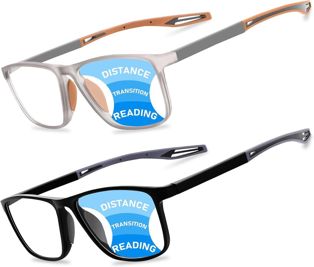 JixGien 2 Pack Progressive Multifocus Reading Glasses Men Women，Blue Light Blocking Flexible Lightweight TR90 Frame Readers (Black&Grey, +3.00)