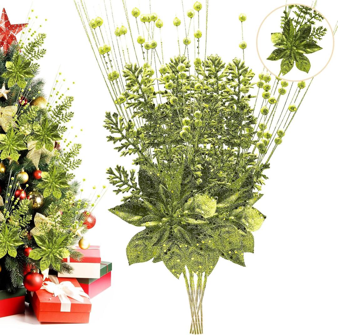Artificial Glitter Berry Stem Ornaments, 18 Pack 17.5 Inch Green Fake Christmas Picks Decorations with Poinsettia Christmas Flower,Twigs Bead Sticks for Christmas Tree Wedding Small Vase Wreath Decor